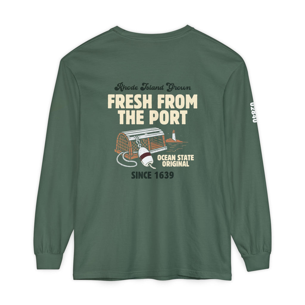 Fresh From The Port, Newport, RI Long Sleeve Tee in Blue Spruce