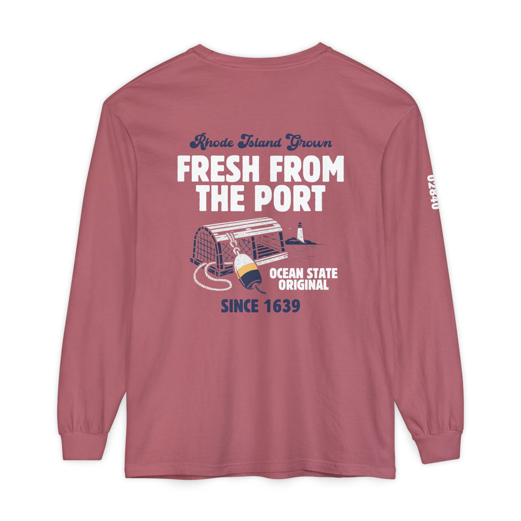 Fresh From The Port, Newport, RI Long Sleeve Tee in Crimson Red