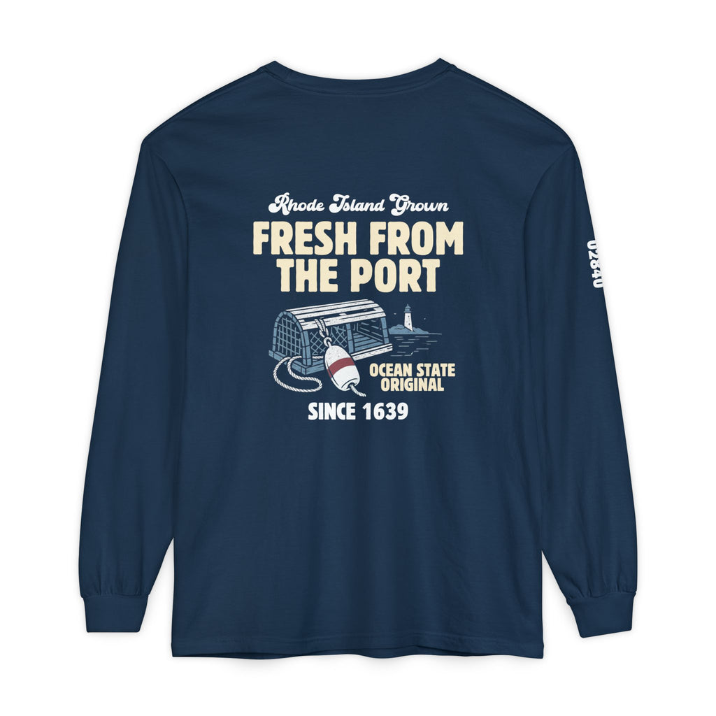 Fresh From The Port, Newport, RI Long Sleeve Tee in Navy