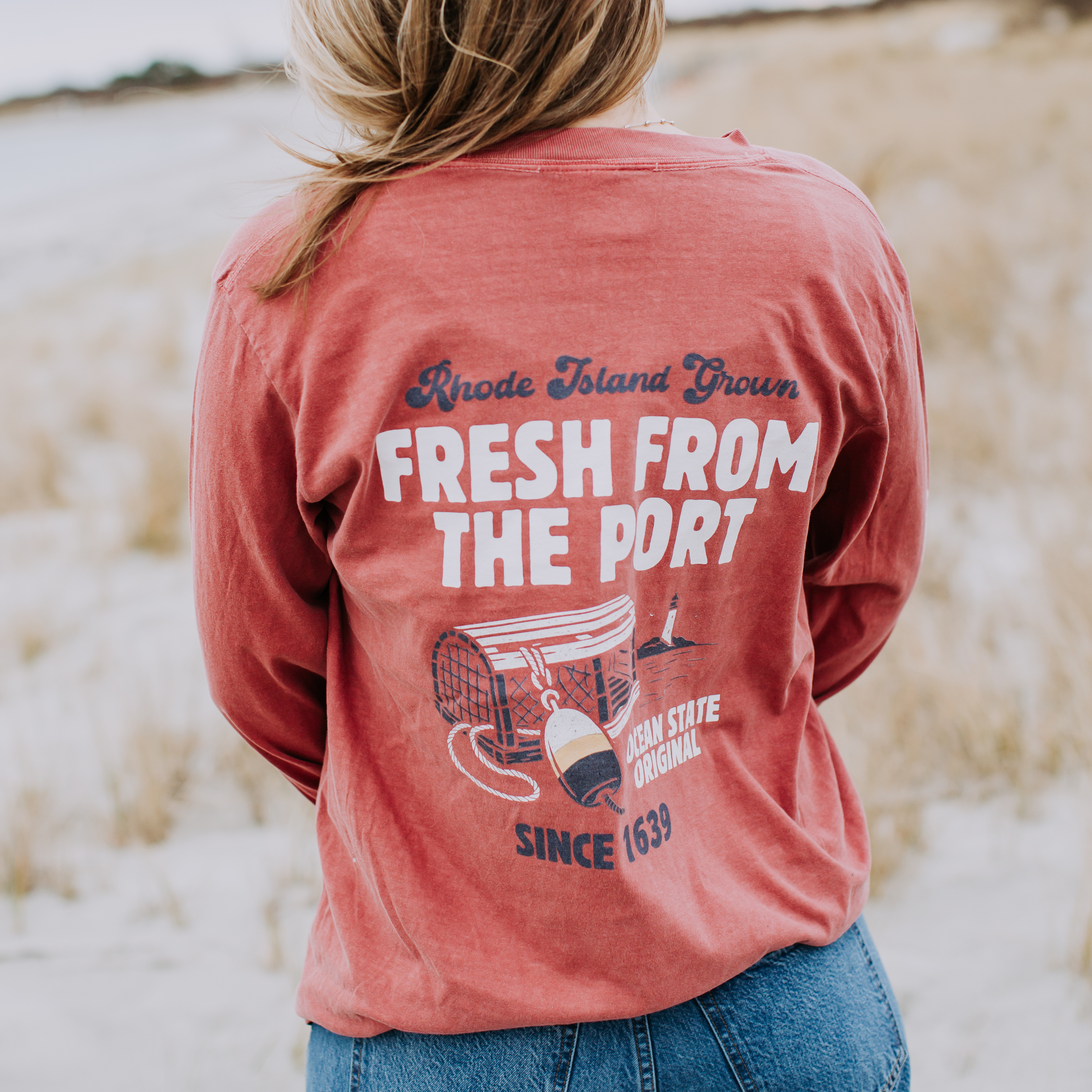 Fresh From The Port, Newport, RI Long Sleeve Tee in Crimson Red