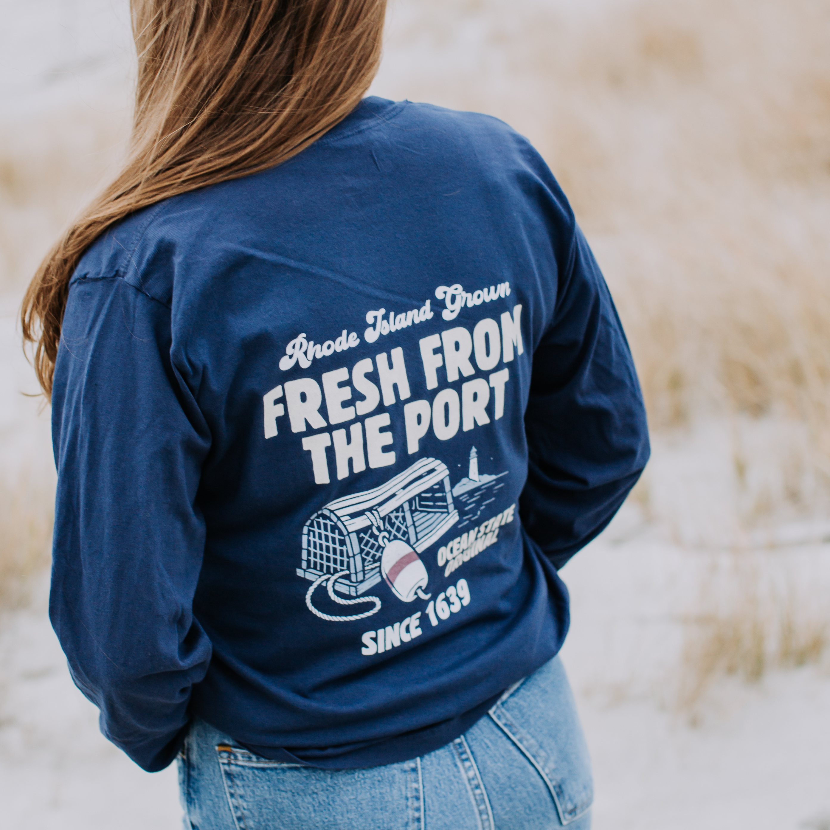 Fresh From The Port, Newport, RI Long Sleeve Tee in Navy