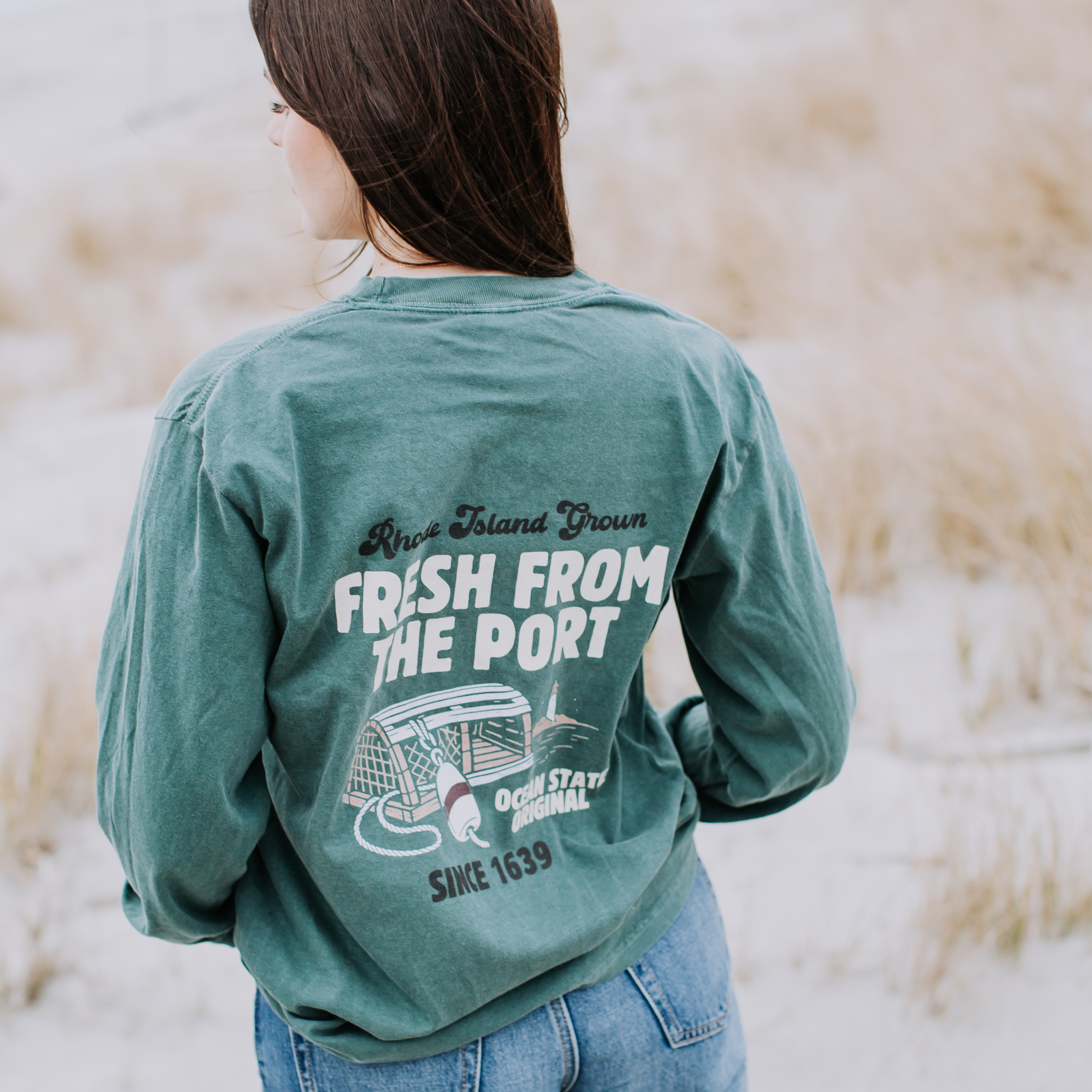 Fresh From The Port, Newport, RI Long Sleeve Tee in Blue Spruce