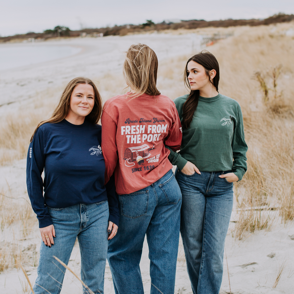 Fresh From The Port, Newport, RI Long Sleeve Tee in Crimson Red