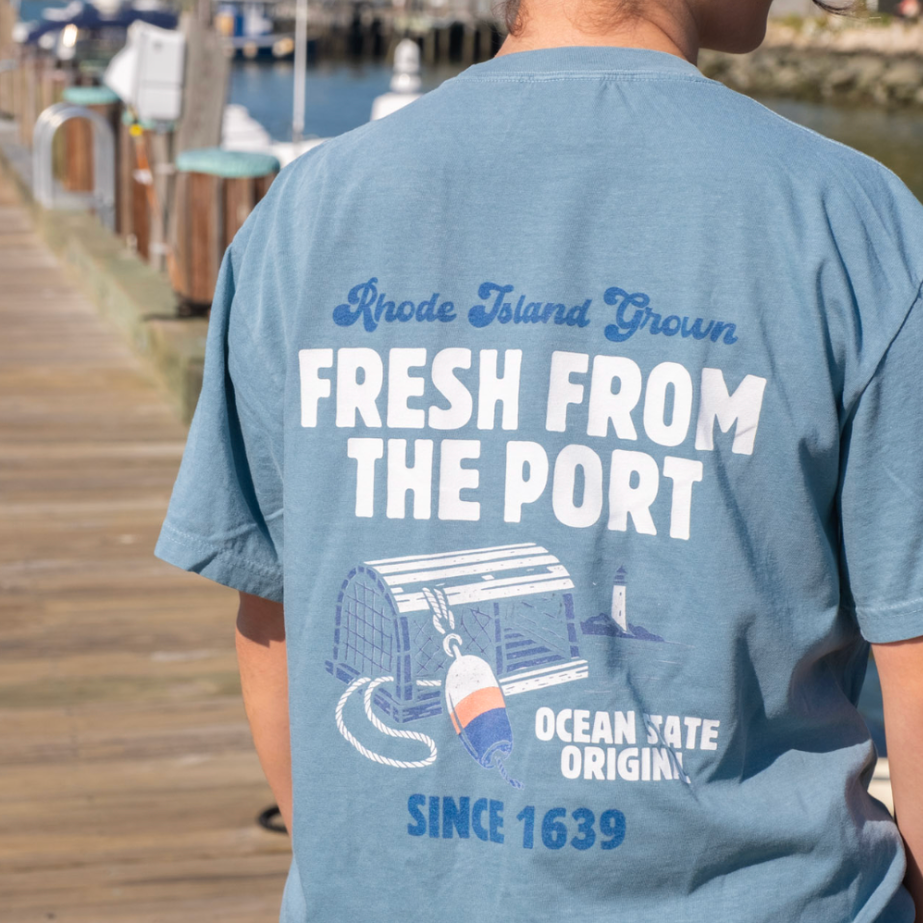 Fresh From The Port, Newport, RI Short Sleeve Tee in Ice Blue