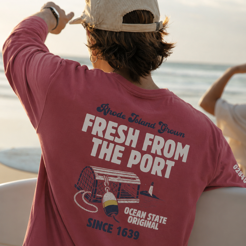 Fresh From The Port, Newport, RI Long Sleeve Tee in Crimson Red