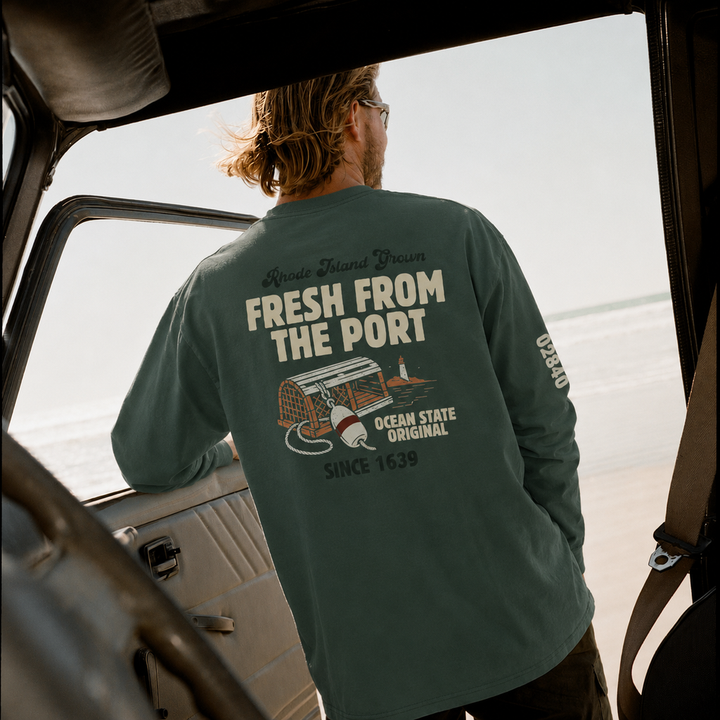 Fresh From The Port, Newport, RI Long Sleeve Tee in Blue Spruce